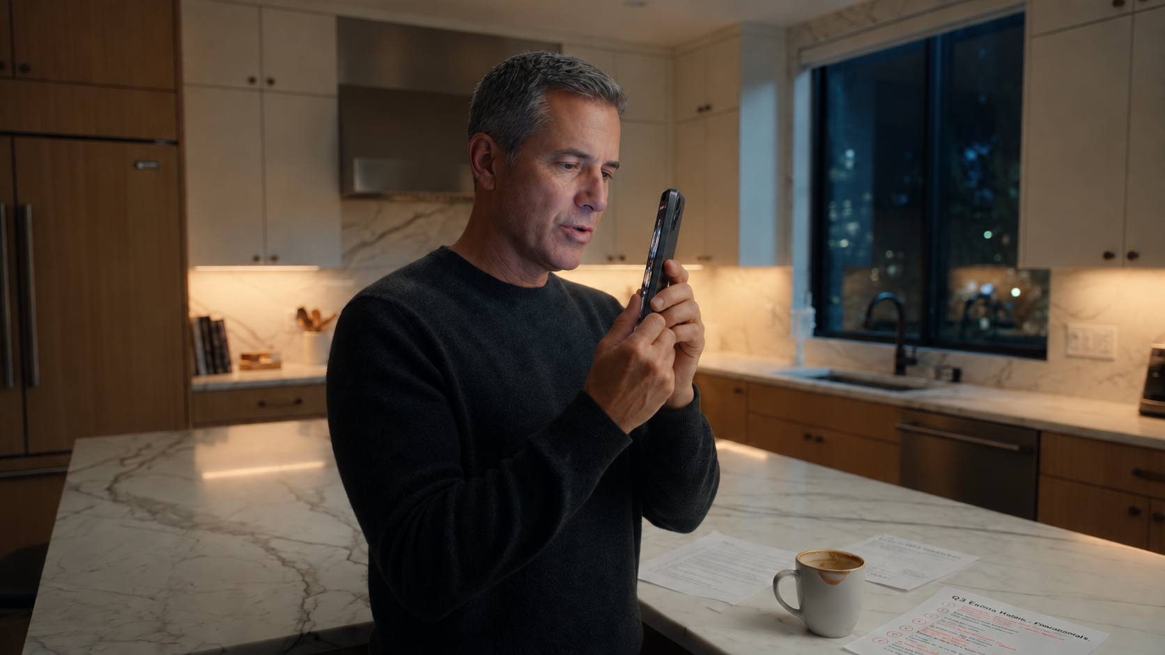 An executive in a dark sweater stands at a kitchen counter in the evening, looking closely at the display of a phone he holds in both hands. Illustrative image.